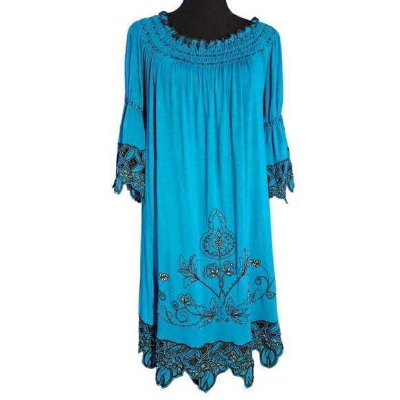 Urban Mango Deep Ocean Blue Comfy Boho Dressy Beaded Lounge Mini Dress, Size M - Picture 1 of 8
